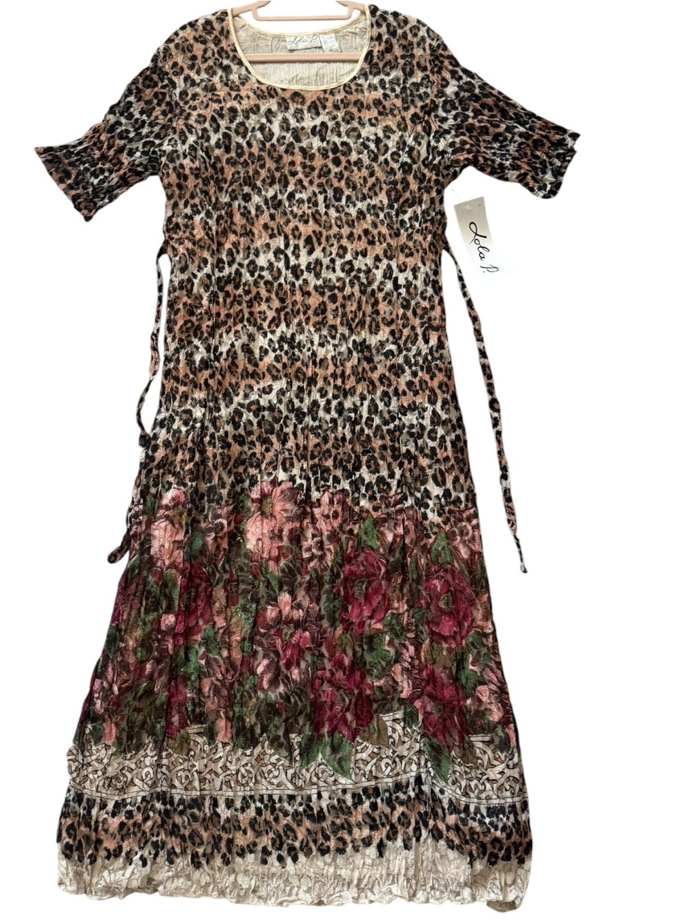 Leopard Print Maxi Dress with Floral Border - Brown/Pink